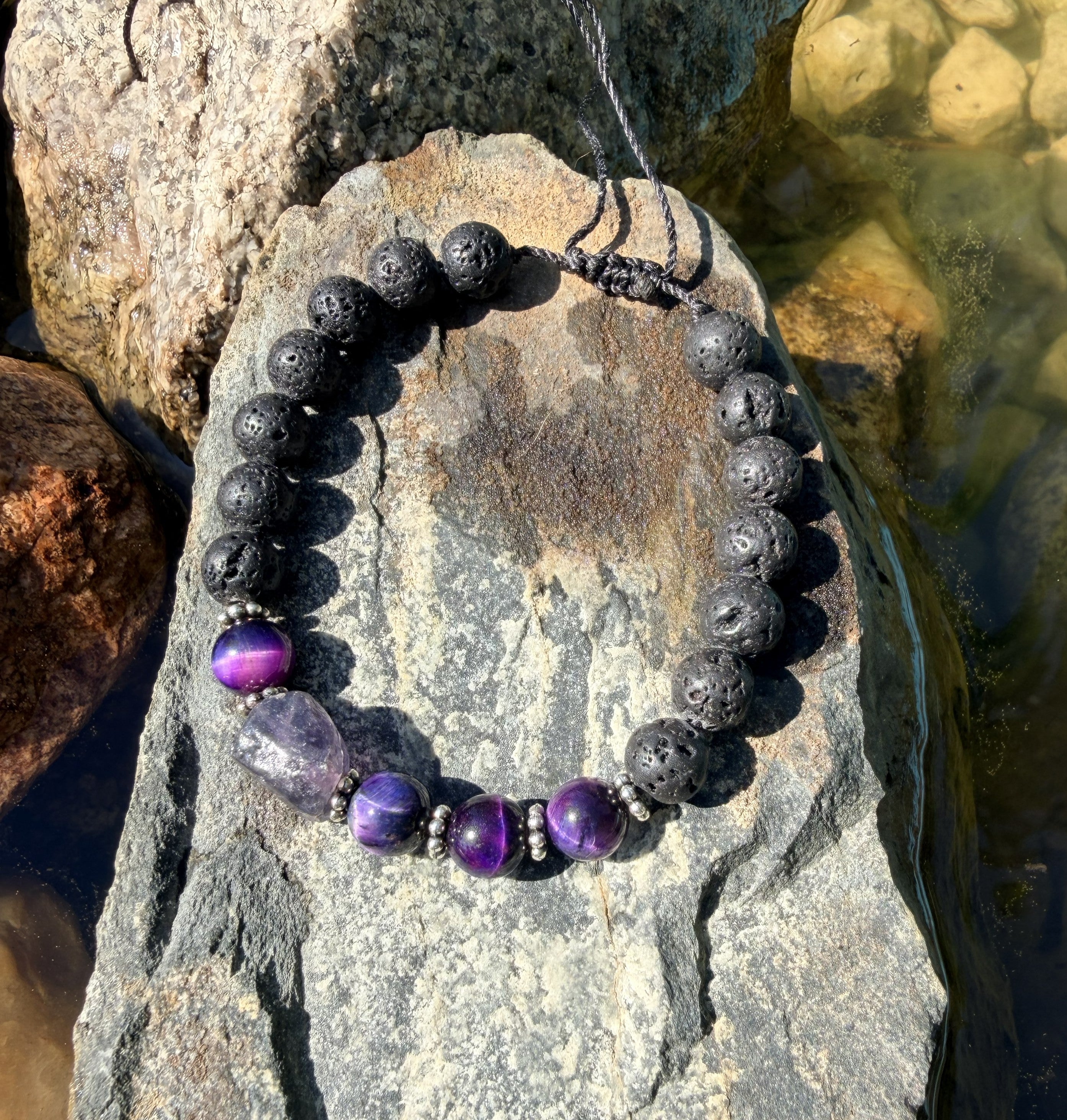 0004 - Black lava with rainbow cats eye & roughcut rainbow fluorite