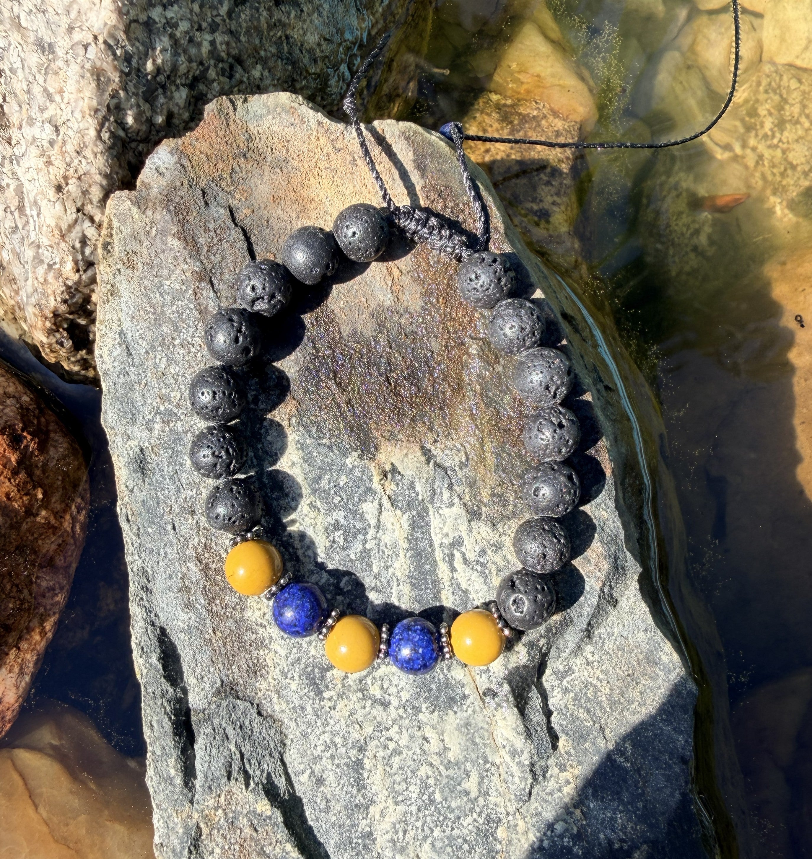 0012 - Black lava with yellow mookaite & lapis lazuli