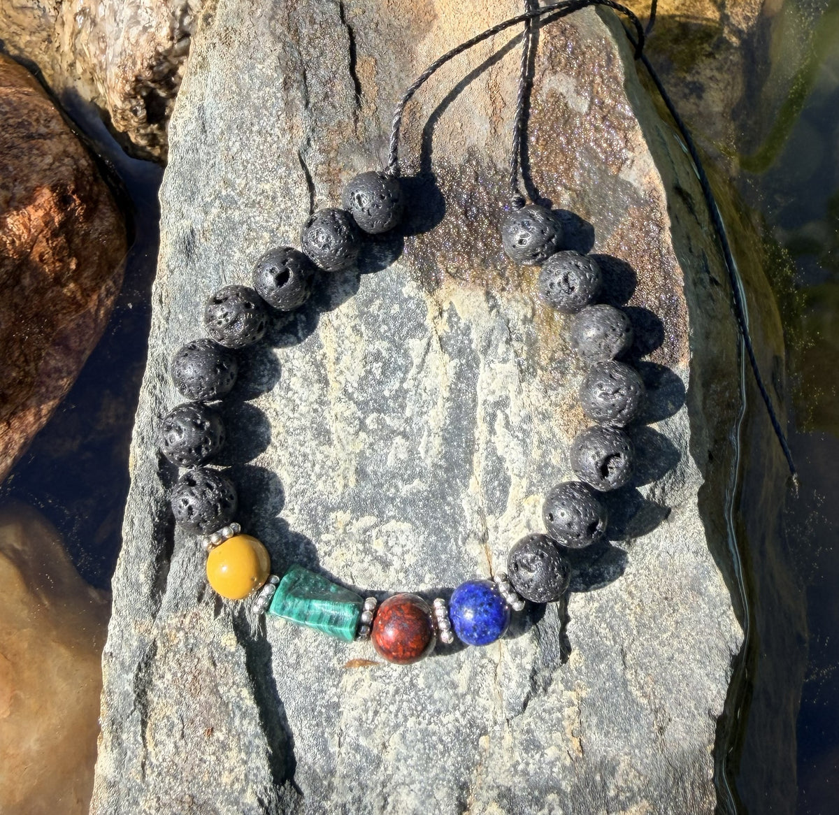 0021 - Black lava with lapis lazuli, poppy jasper, malachite & yellow mookaite