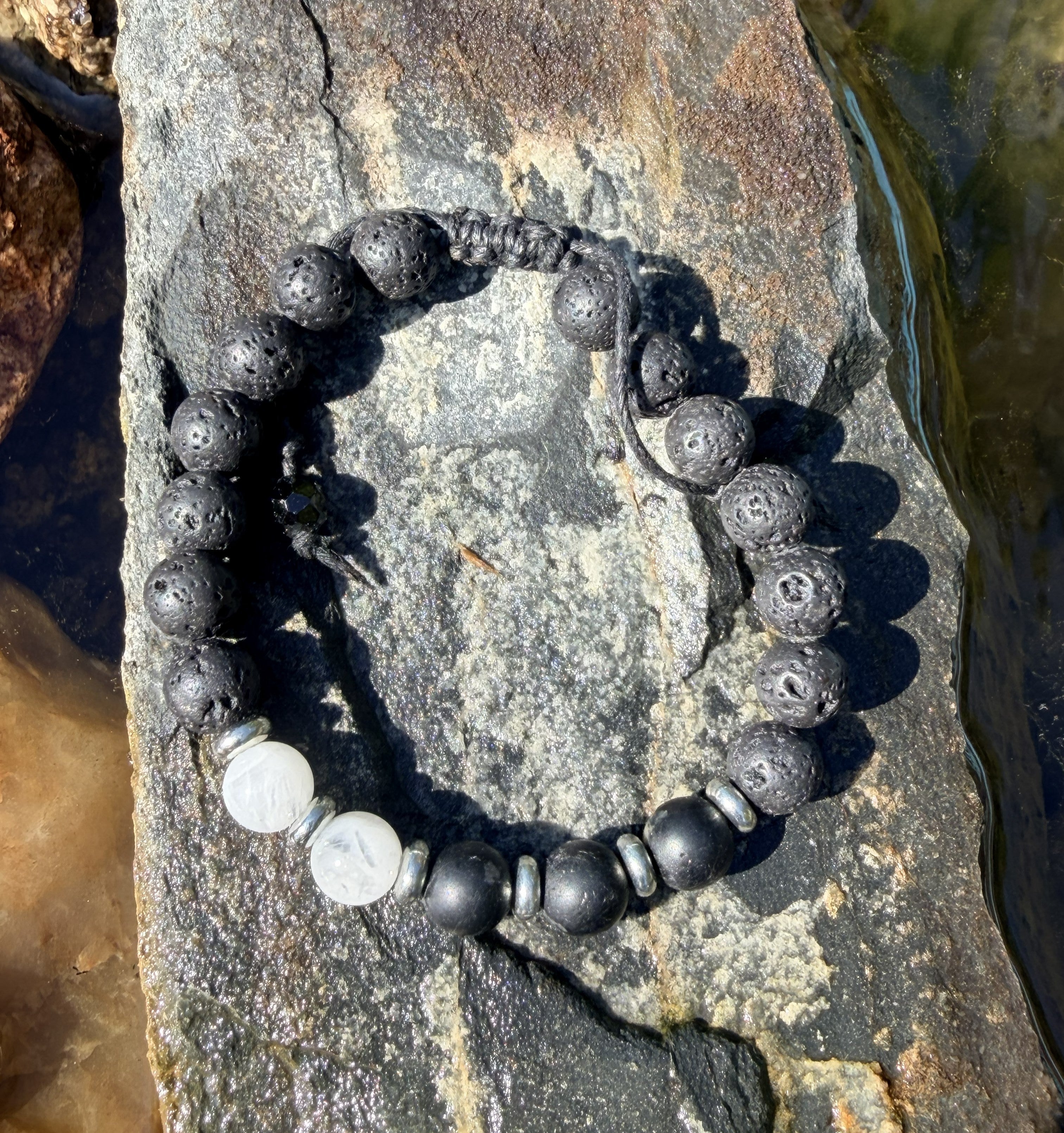 0024 - Black lava with black tourmaline & moonstone
