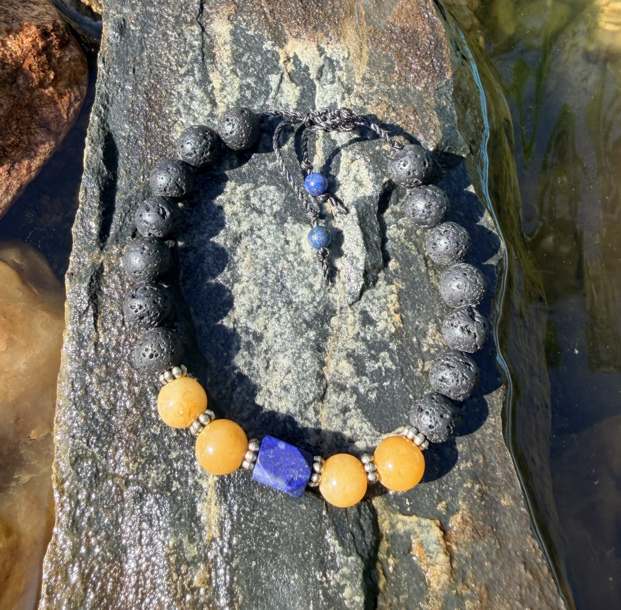 0029 - Black lava with yellow jade & lapis lazuli