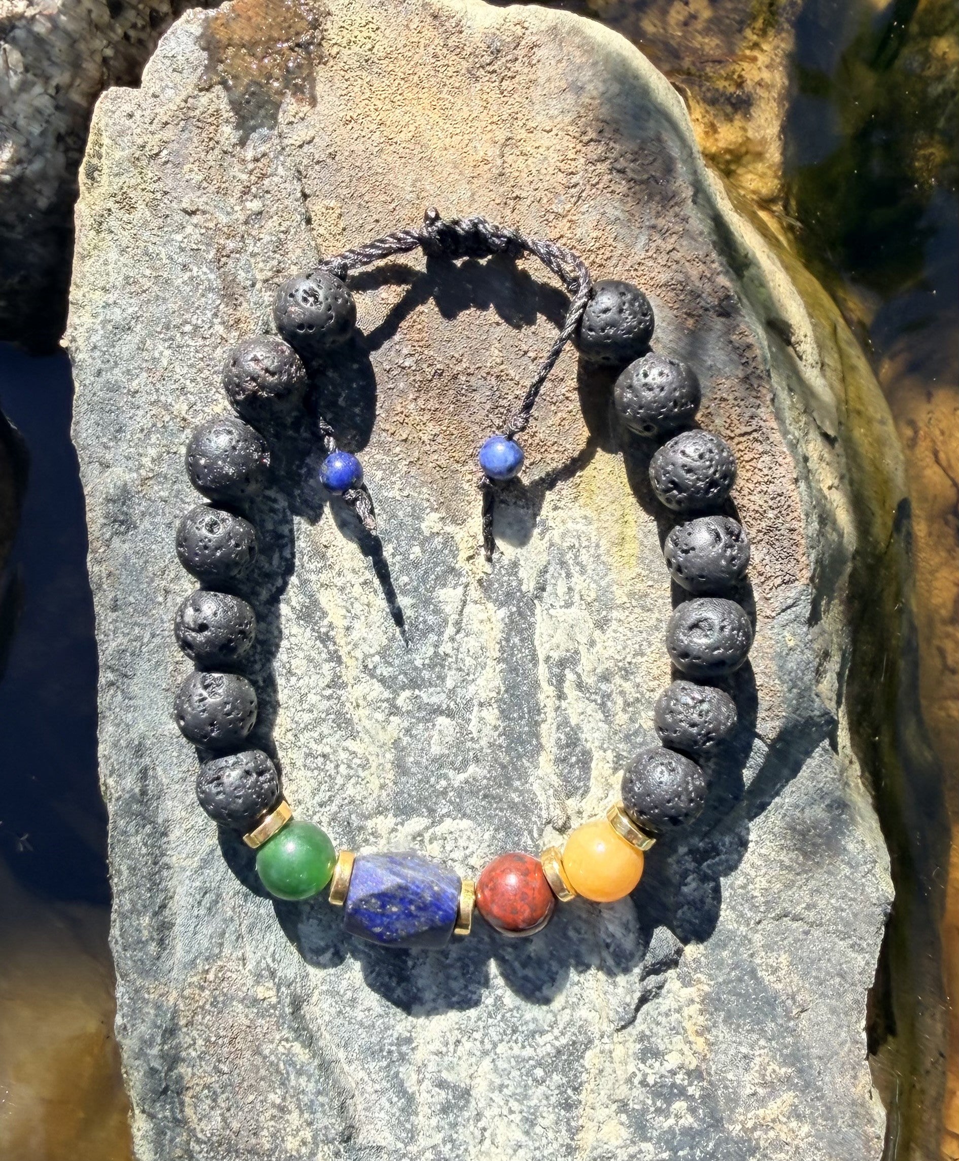 0035 - Black lava with yellow jade, poppy jasper, lapis lazuli & green jade