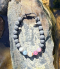 0037 - Gray lava with aquamarine, aquatine calcite & rose quartz
