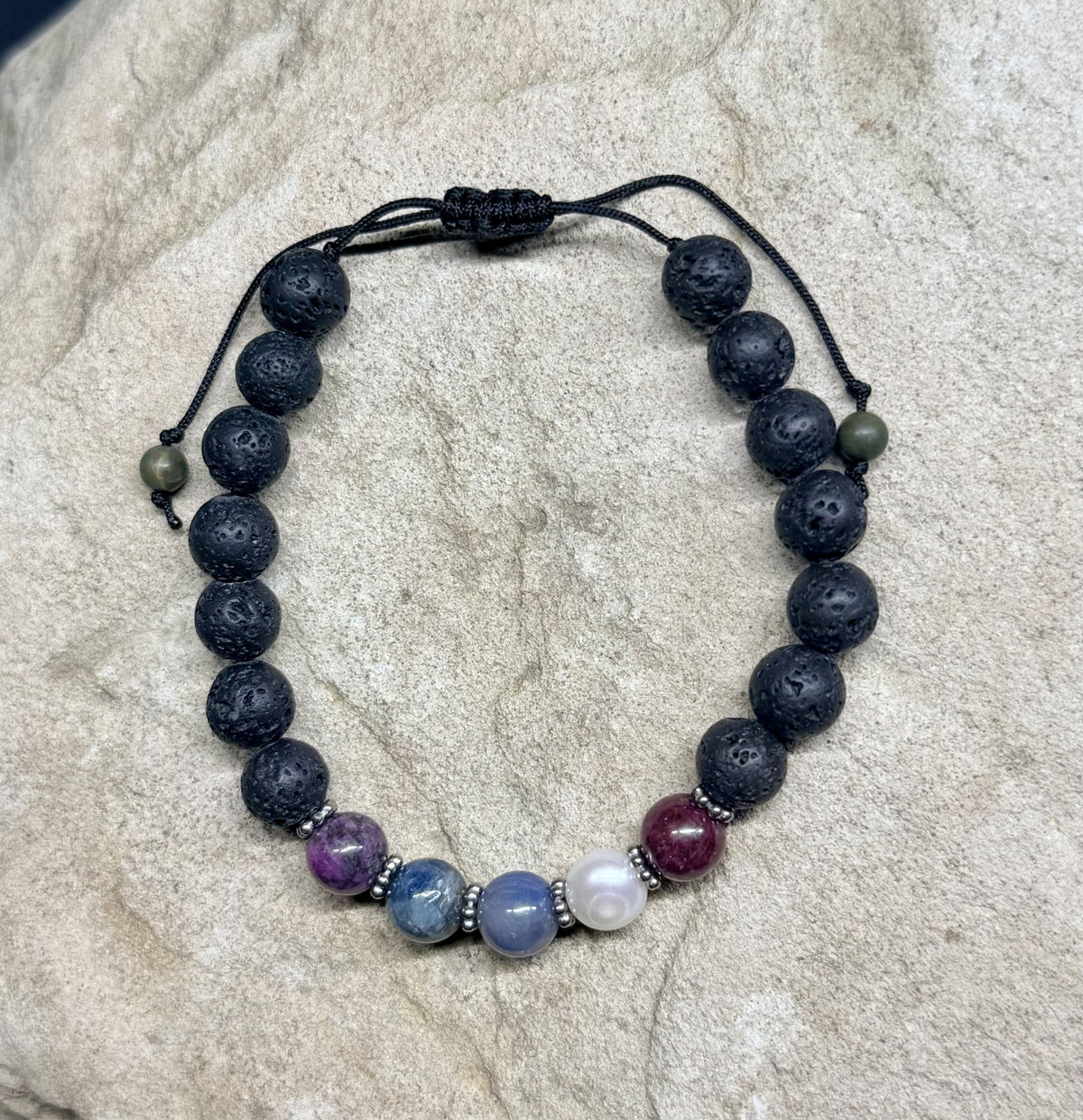 0047 - Black lava with ruby, sapphire & pearl