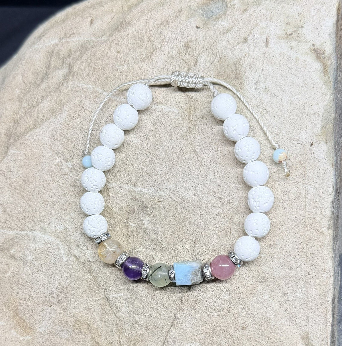 0053 - White lava with citrine, amethyst, prehnite, roughcut larimer & rose quartz