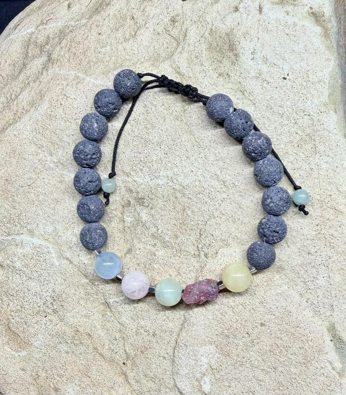 0056 - Gray lava with beryl & roughcut pink tourmaline